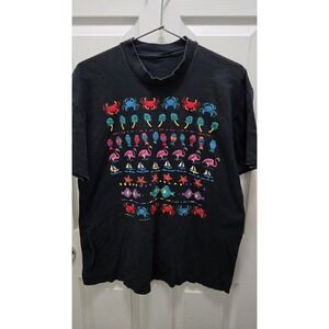 Vintage 90s Beach Puff Print T-Shirt Unisex L Black‎ Coastal Crabs Fish Flamingo